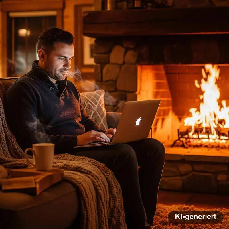 Mann mit MacBook vor einem Kamin
